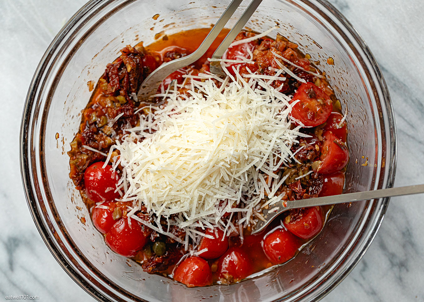 olive tomato parmesan base for the pasta salad