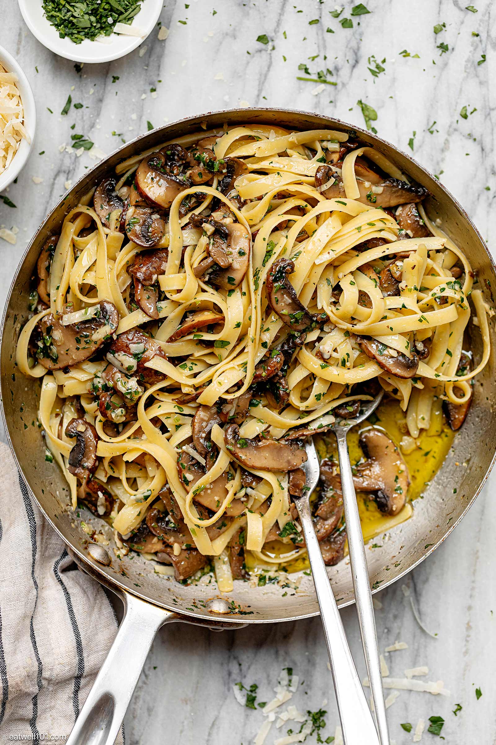 pasta and mushrooms in a pan