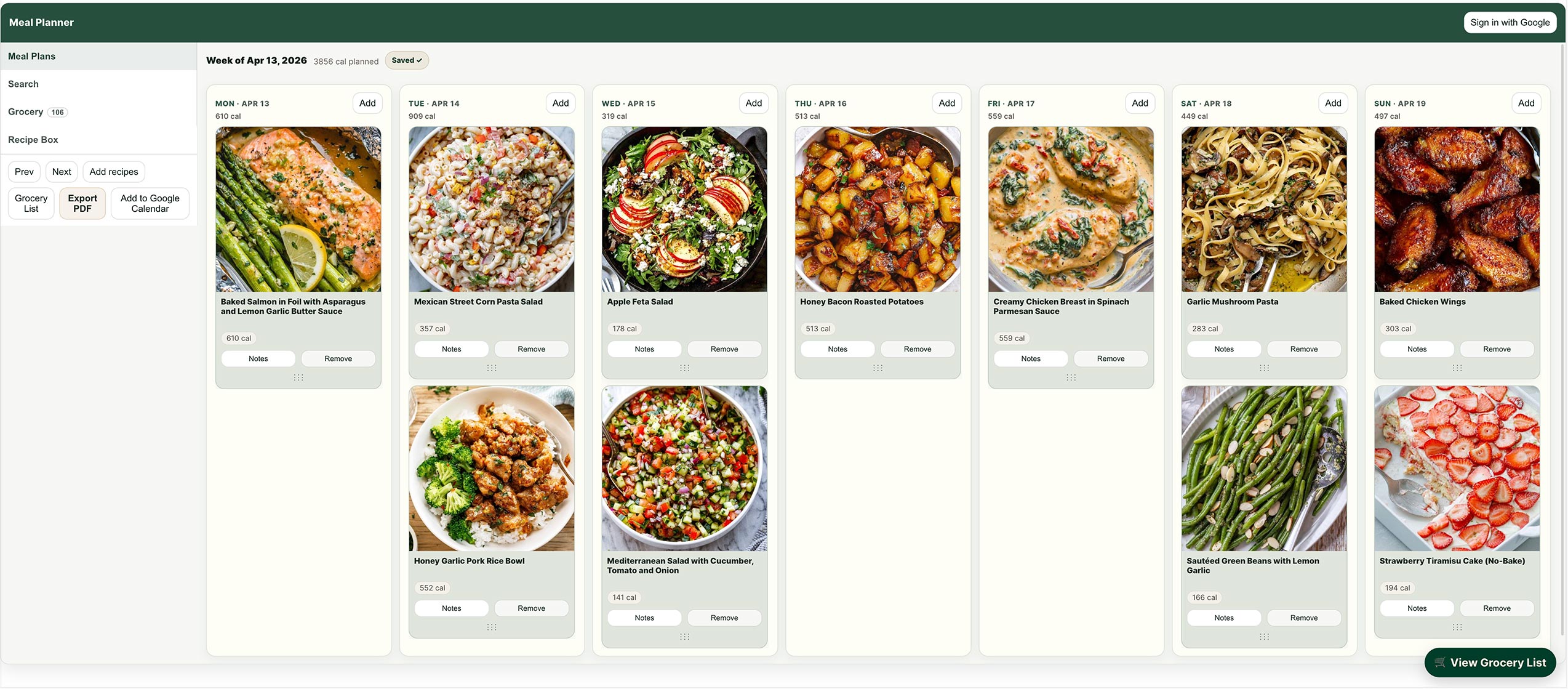 meal planner google calendar