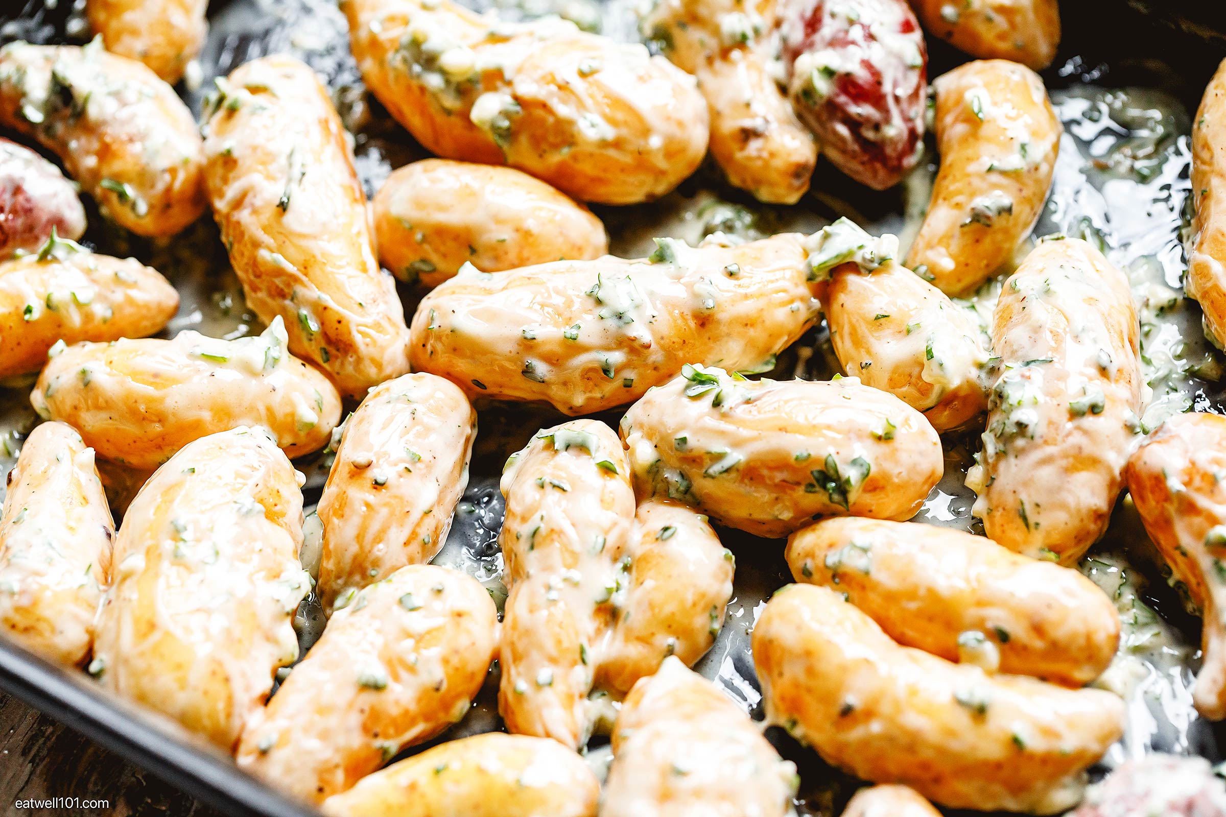 fingerling potatoes in a baking dish