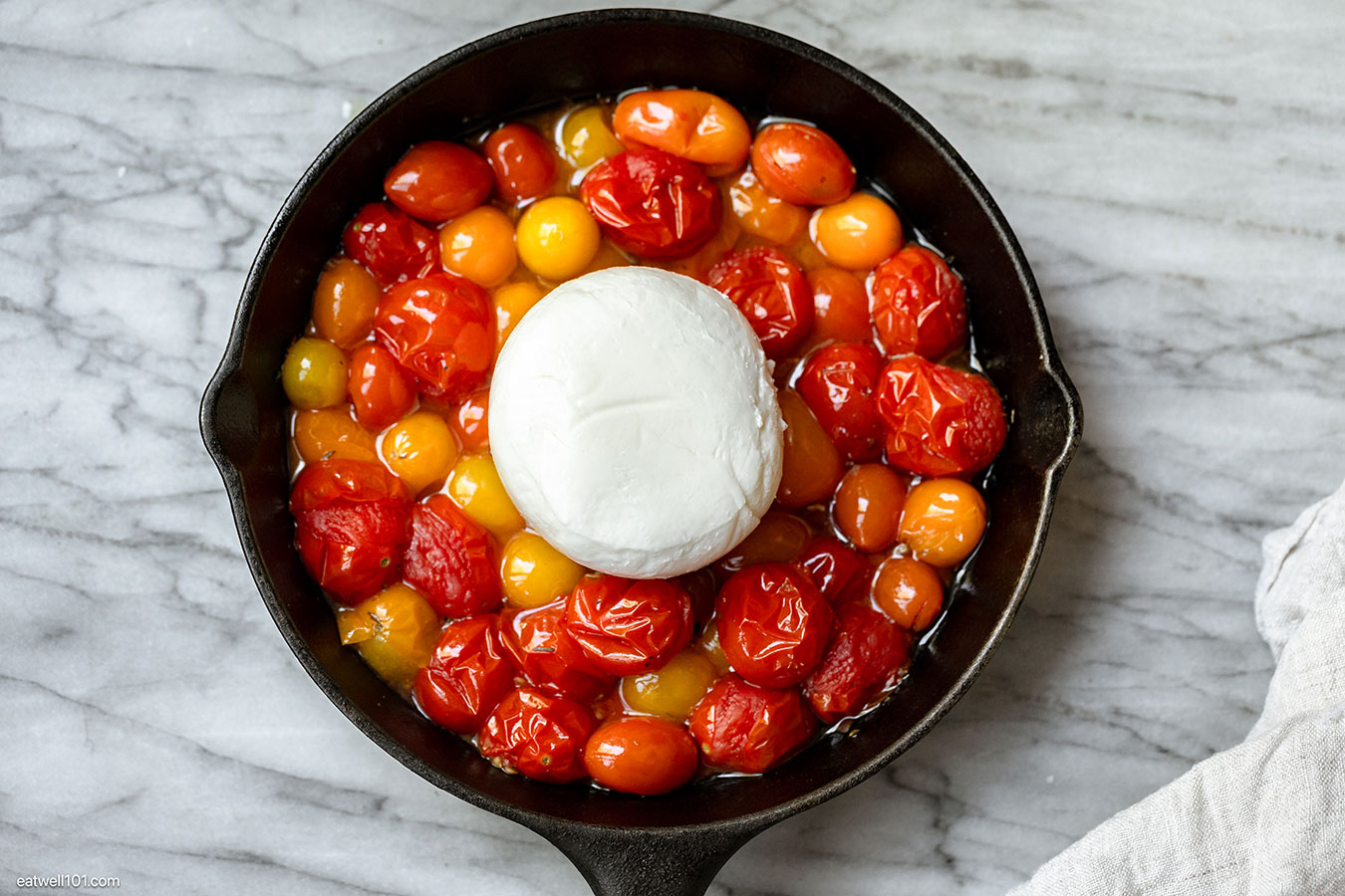 roasted tomatoes and fresh burrata